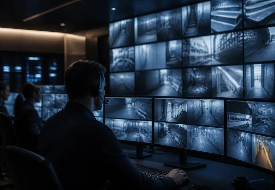 Security operations room with a wall of CCTV camera feeds