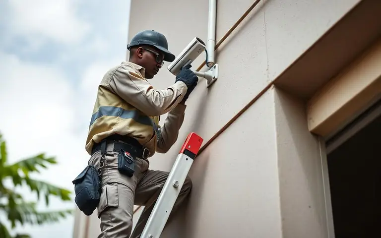 Technician installing a CCTV camera and conduit on a building exterior