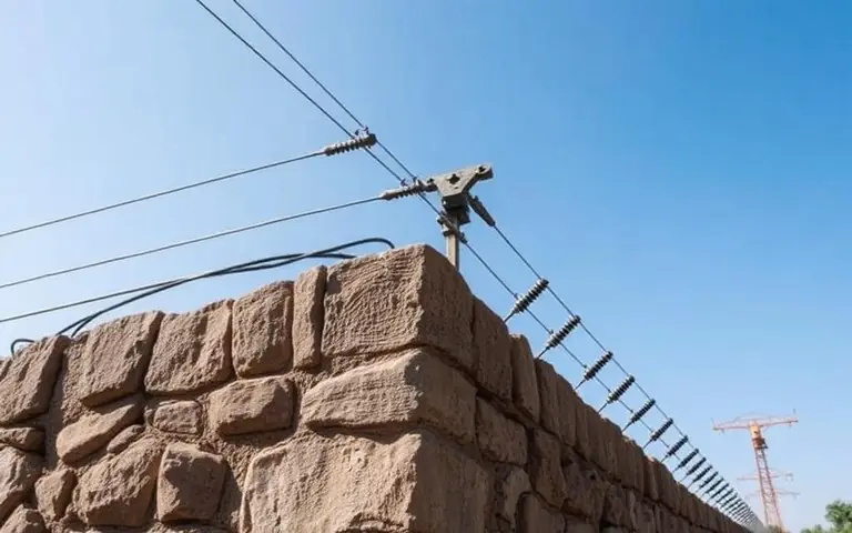 Electric fence wires on insulators along the top of a perimeter wall
